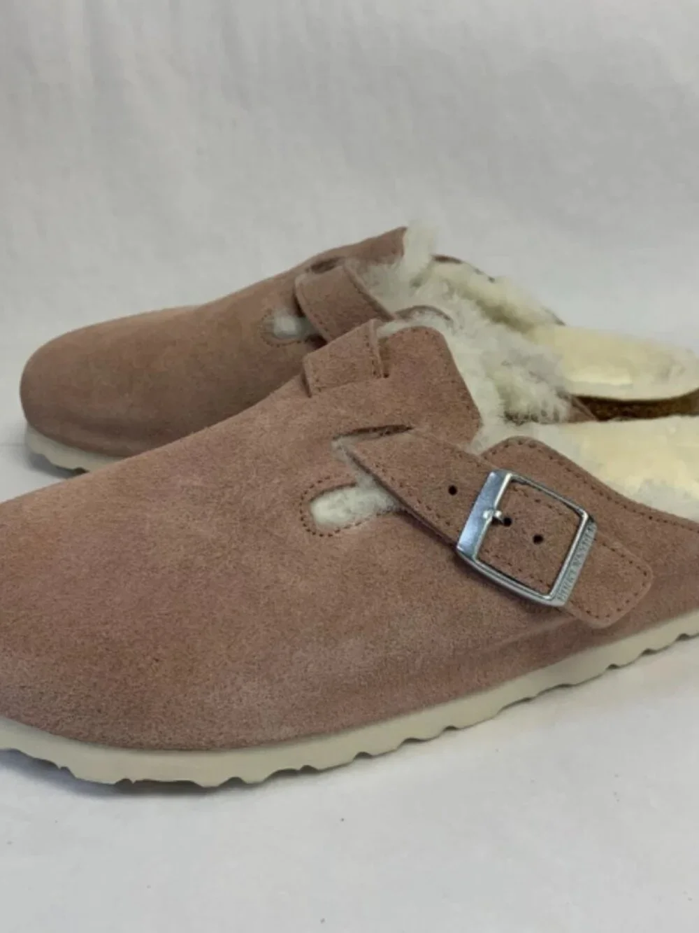 Birkenstock Boston Shearling Pink Clay Suede Leather Narrow Width Sandals